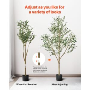 5ft artificial olive tree with black pot, tall fake tree with natural wood trunk & realistic green leaves and fruits, indoor faux plant for home, office, living room, corner decor