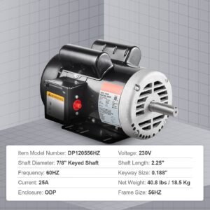 5hp air compressor electric motor, 230v 25 amps, 56hz frame 3450rpm, 7/8" keyed shaft, 2.25" shaft length, single phase, ccw/cw (factory setting is ccw)