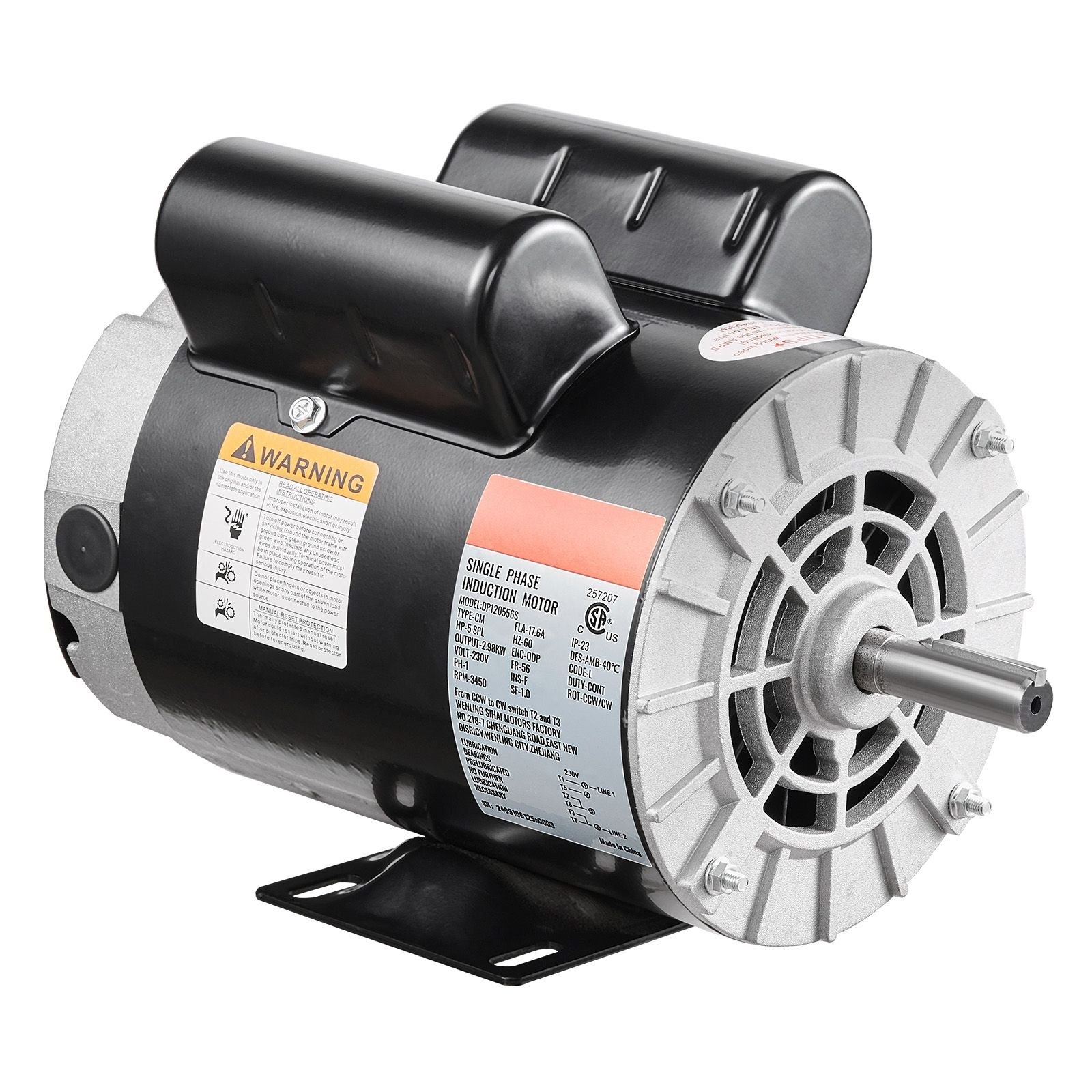 5hp spl air compressor electric motor, 230v 17.6amps, 56 frame 3450rpm, 5/8" keyed shaft, 1.88" shaft length, cw/ccw rotation (factory setting is ccw), single phase