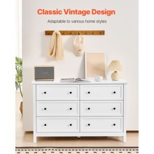 6 drawer dresser, wooden chest of drawers with sliding and anti tip device, retro minimalist dresser chest, closet storage tv stand organizer for living room, hallway, bedroom, entryway, white