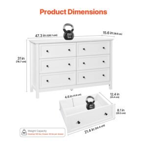 6 drawer dresser, wooden chest of drawers with sliding and anti tip device, retro minimalist dresser chest, closet storage tv stand organizer for living room, hallway, bedroom, entryway, white