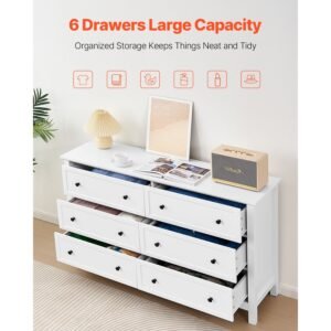 6 drawer dresser, wooden chest of drawers with sliding and anti tip device, retro minimalist dresser chest, closet storage tv stand organizer for living room, hallway, bedroom, entryway, white