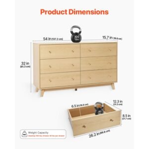 6 drawer dresser, wooden chest of drawers with sliding with anti tip device, modern minimalist dresser chest, closet storage organizer for living room, hallway, bedroom, entryway, light wood