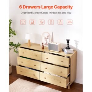 6 drawer dresser, wooden chest of drawers with sliding with anti tip device, modern minimalist dresser chest, closet storage organizer for living room, hallway, bedroom, entryway, light wood