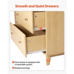 6 drawer dresser, wooden chest of drawers with sliding with anti tip device, modern minimalist dresser chest, closet storage organizer for living room, hallway, bedroom, entryway, light wood