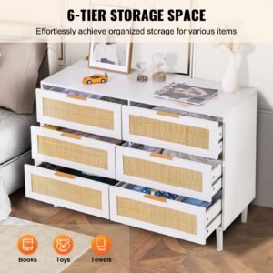 6 drawer rattan dresser, boho dresser, rattan chest of drawers with spacious storage, natural rattan dresser for bedroom, living room & hallway,rattan nightstand with sturdy handles&legs, white
