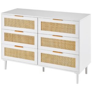 6 Drawer Rattan Dresser, Boho Dresser, Rattan Chest of Drawers with Spacious Storage, Natural Rattan Dresser for Bedroom, Living Room & Hallway,Rattan Nightstand with Sturdy Handles&Legs, White