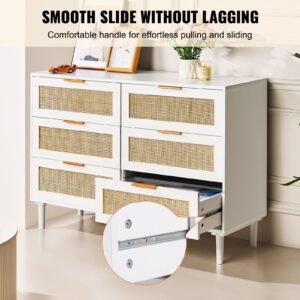 6 drawer rattan dresser, boho dresser, rattan chest of drawers with spacious storage, natural rattan dresser for bedroom, living room & hallway,rattan nightstand with sturdy handles&legs, white