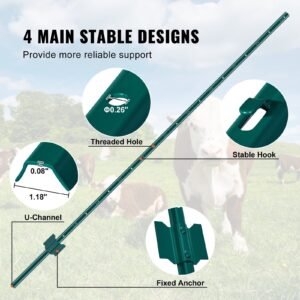 6 feet fence post, 10 pack u channel heavy duty metal fence posts, sturdy steel fence stakes for garden yard, lawn, farms and outdoor wire fencing, green