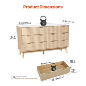 6 fluted drawer dresser, wooden chest of drawers with sliding & anti tip device, modern minimalist dresser chest, fluted closet storage for living room, hallway, bedroom, entryway, light wood