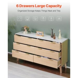 6 fluted drawer dresser, wooden chest of drawers with sliding & anti tip device, modern minimalist dresser chest, fluted closet storage for living room, hallway, bedroom, entryway, light wood