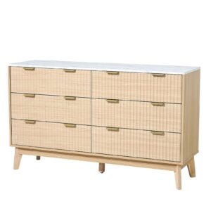 6 Fluted Drawer Dresser, Wooden Chest of Drawers with Sliding & Anti-tip Device, Modern Minimalist Dresser Chest, Fluted Closet Storage for Living Room, Hallway, Bedroom, Entryway, Light Wood