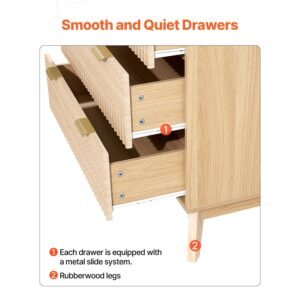 6 fluted drawer dresser, wooden chest of drawers with sliding & anti tip device, modern minimalist dresser chest, fluted closet storage for living room, hallway, bedroom, entryway, light wood