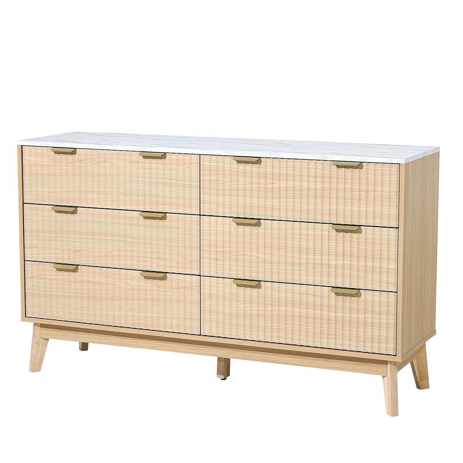 6 fluted drawer dresser, wooden chest of drawers with sliding & anti tip device, modern minimalist dresser chest, fluted closet storage for living room, hallway, bedroom, entryway, light wood