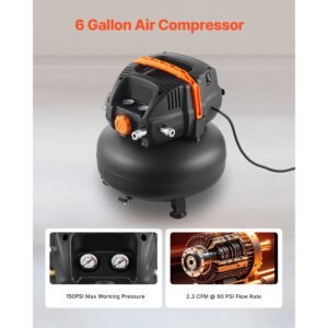 6 gallon air compressor, 1.7hp 2.3cfm @ 90psi portable pancake air compressor & 150psi max working pressure, oil free compressor tank for tire inflation, spray painting, woodwork nailing, 120v