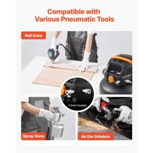 6 gallon air compressor, 1.7hp 2.3cfm @ 90psi portable pancake air compressor & 150psi max working pressure, oil free compressor tank for tire inflation, spray painting, woodwork nailing, 120v