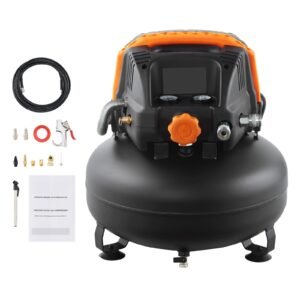 6 Gallon Air Compressor, 1.7HP 2.3CFM@90PSI Portable Pancake Air Compressor & 150PSI Max Pressure, 12-Piece Accessory Kit with 25FT Air Hose for Tire Inflation, Spray Painting, Woodwork Nailing