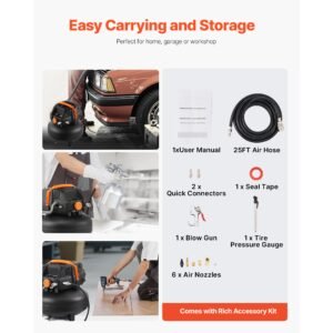 6 gallon air compressor, 1.7hp 2.3cfm@90psi portable pancake air compressor & 150psi max pressure, 12 piece accessory kit with 25ft air hose for tire inflation, spray painting, woodwork nailing