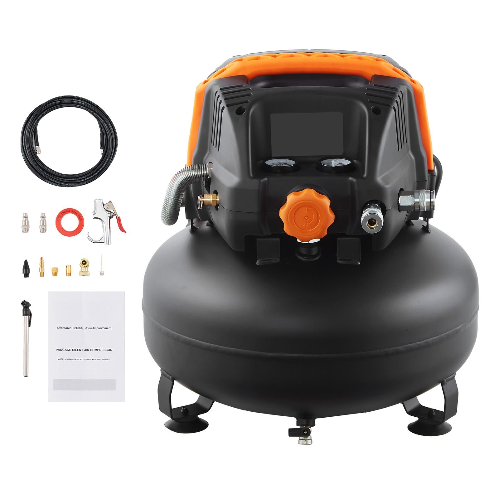 6 gallon air compressor, 1.7hp 2.3cfm@90psi portable pancake air compressor & 150psi max pressure, 12 piece accessory kit with 25ft air hose for tire inflation, spray painting, woodwork nailing