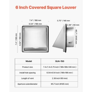 6 inch external extractor wall vent cover, square ac vent gable cover, premium stainless steel & with built in a protection screen, for house,bathroom,garage,kitchen,basement (1 pack, silver)