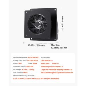 6 inch through the wall ventilation fan, 205 cfm through wall exhaust fan with ac motor, quiet vent easy installation for bathroom,garage,laundry room,storage room air exchanger