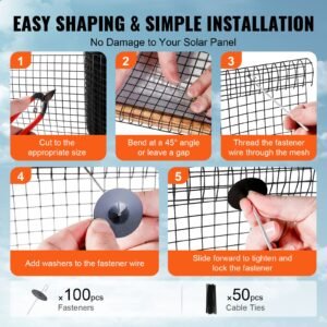 6 inch x 100ft solar panel bird guard, critter guard roll kit with 100pcs aluminum alloy fasteners, solar panel guard with rust proof pvc coating, 1/2 inch wire roll mesh