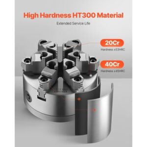 6 jaw lathe chuck, 6 inch (160 mm), self centering chuck with d1 4 cam lock backing plate, 0.12 5.71 in (3 145 mm) clamping range with t wrench screws, ht300 material, for wood metal lathe