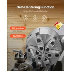 6 jaw lathe chuck, 6 inch (160 mm), self centering chuck with d1 4 cam lock backing plate, 0.12 5.71 in (3 145 mm) clamping range with t wrench screws, ht300 material, for wood metal lathe