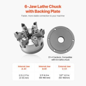 6 jaw lathe chuck, 6 inch (160 mm), self centering chuck with d1 4 cam lock backing plate, 0.12 5.71 in (3 145 mm) clamping range with t wrench screws, ht300 material, for wood metal lathe