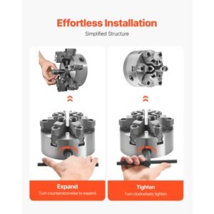 6 jaw lathe chuck, 6 inch (160 mm), self centering chuck with d1 4 cam lock backing plate, 0.12 5.71 in (3 145 mm) clamping range with t wrench screws, ht300 material, for wood metal lathe