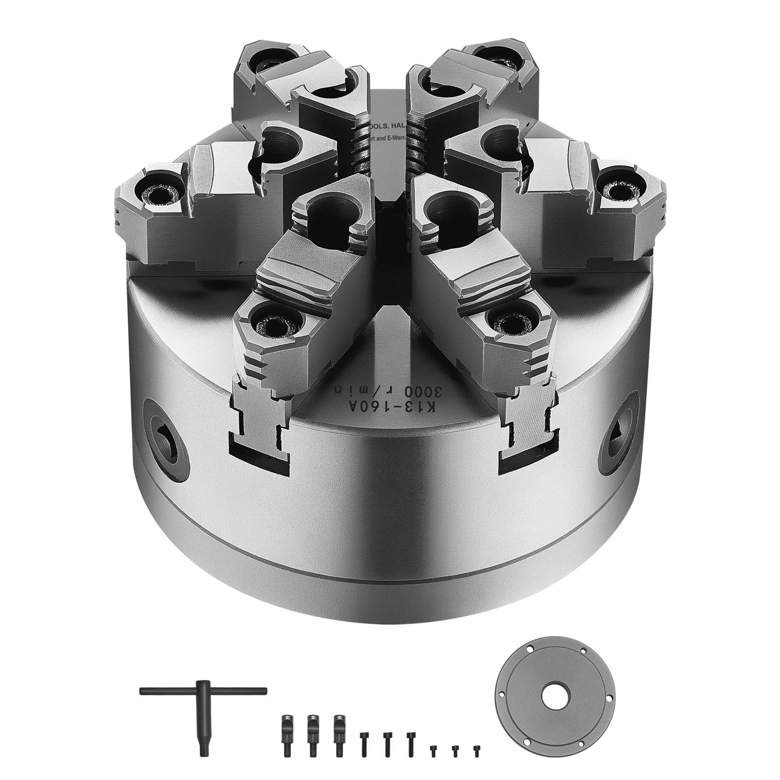 6 jaw lathe chuck, 6 inch (160 mm), self centering chuck with d1 4 cam lock backing plate, 0.12 5.71 in (3 145 mm) clamping range with t wrench screws, ht300 material, for wood metal lathe