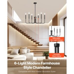 6 light chandelier, black farmhouse chandelier, adjustable height, dining room hanging light fixture for ceilings, modern chandelier for bedroom, foyer, hall, kitchen, living room and entryway