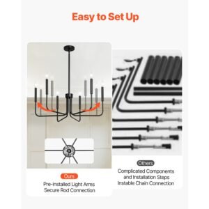 6 light chandelier, black farmhouse chandelier, adjustable height, dining room hanging light fixture for ceilings, modern chandelier for bedroom, foyer, hall, kitchen, living room and entryway