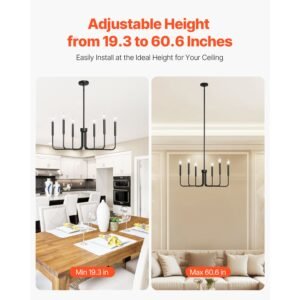 6 light chandelier, black farmhouse chandelier, adjustable height, dining room hanging light fixture for ceilings, modern chandelier for bedroom, foyer, hall, kitchen, living room and entryway