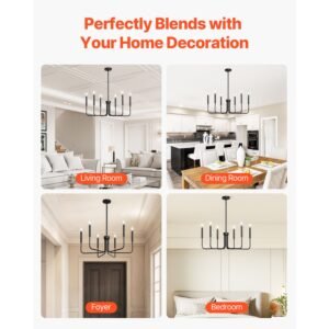6 light chandelier, black farmhouse chandelier, adjustable height, dining room hanging light fixture for ceilings, modern chandelier for bedroom, foyer, hall, kitchen, living room and entryway