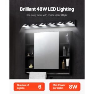 6 light led modern vanity light fixtures, 40.35 inch, black finish bathroom wall lighting fixture over mirror, with ip44 waterproof, for bathroom, living room, bedroom, hallway, cool white 6000k