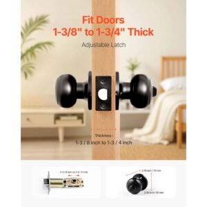 6 pack black door knobs, privacy door knob with round ball, keyless exterior & thumb turn lock interior, all metal doorknobs hardware, matte black modern design for bedroom & bathroom