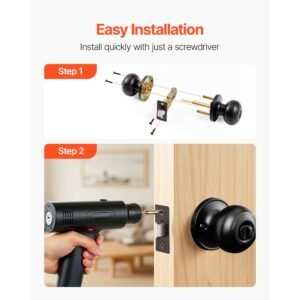 6 pack black door knobs, privacy door knob with round ball, keyless exterior & thumb turn lock interior, all metal doorknobs hardware, matte black modern design for bedroom & bathroom