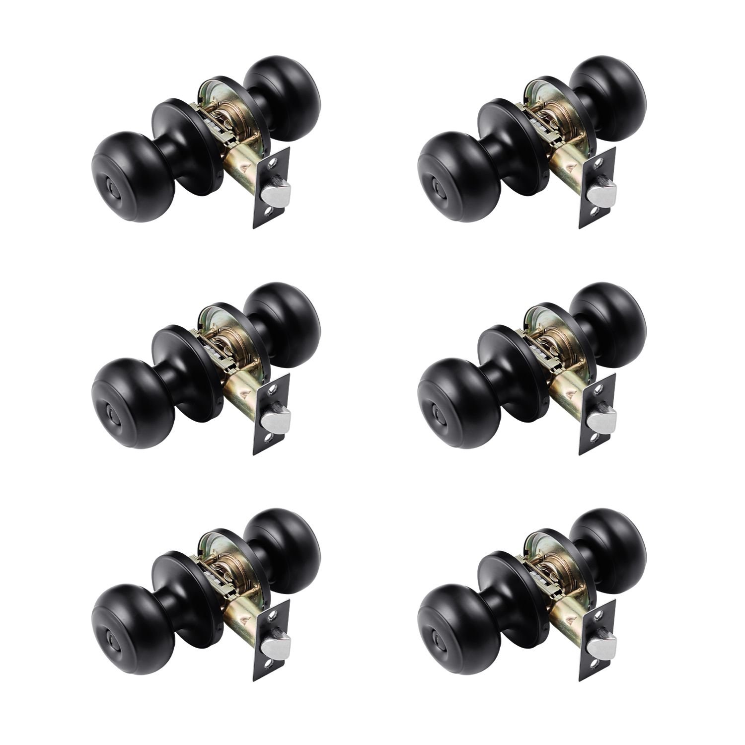 6 pack black door knobs, privacy door knob with round ball, keyless exterior & thumb turn lock interior, all metal doorknobs hardware, matte black modern design for bedroom & bathroom