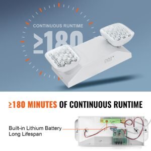 6 pack commercial emergency light, 3w, white led emergency exit lighting fixtures with 180 minutes backup battery adjustable 2 led square head, ceiling or wall mount for business power outages