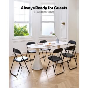 6 pack folding chairs, foldable leather chairs with heavy duty metal frame & padded cushion, portable folding card table chairs, stackable seats for home, yard, garden, parties, events, black