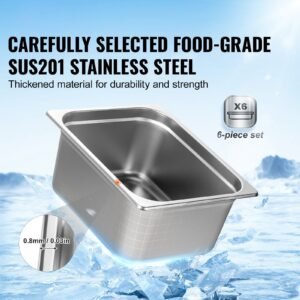 6 pack hotel pans, 1/2 size anti jam steam pan, 0.8mm thick stainless steel restaurant steam table pan, 6 inch deep commercial table pan, catering storage food pan, for industrial & scientific