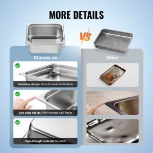 6 pack hotel pans, 1/2 size anti jam steam pan, 0.8mm thick stainless steel restaurant steam table pan, 6 inch deep commercial table pan, catering storage food pan, for industrial & scientific