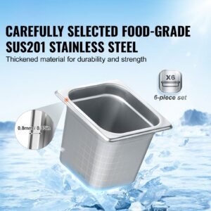 6 pack hotel pans, 1/6 size anti jam steam pan, 0.8mm thick stainless steel restaurant steam table pan, 6 inch deep commercial table pan, catering storage food pan, for industrial & scientific