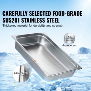 6 pack hotel pans, full size anti jam steam pan, 0.8mm thick stainless steel restaurant steam table pan, 4 inch deep commercial table pan, catering storage food pan, for industrial & scientific