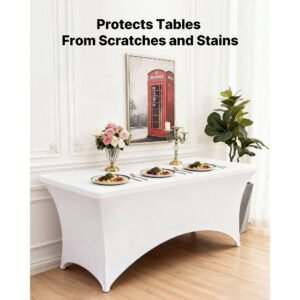 6 pack table cloth for 8ft rectangular fitted events, wrinkle resistant stretch white table covers, washable spandex tablecloth protector, for party, wedding, cocktail, banquet, festival