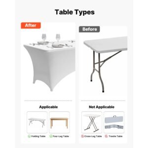 6 pack table cloth for 8ft rectangular fitted events, wrinkle resistant stretch white table covers, washable spandex tablecloth protector, for party, wedding, cocktail, banquet, festival