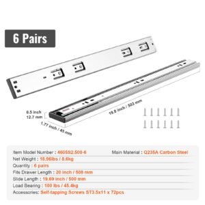 6 pairs of 20 inch drawer slides side mount rails, heavy duty full extension steel track, soft close noiseless guide glides cabinet kitchen runners with ball bearing, 100 lbs load capacity