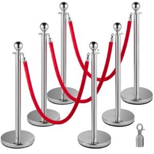 6 PCS Crowd Control Stanchion, Silver Stanchions Posts Stainless Steel Stanchion Queue Post Red Rope Retractable 38In for Both Indoor and Outdoor use.
