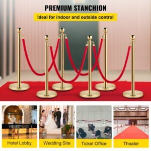 6 pcs gold stanchions posts stainless steel stanchion queue post red rope retractable 38in for both indoor and outdoor use.